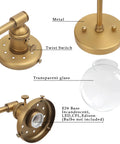 Parts of Vintage Double Sconce Wall Light With 5.9 Inch Clear Glass Globe, showing E26 socket, metal base, twist switch, glass globe.