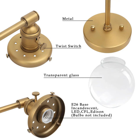 Parts of Vintage Double Sconce Wall Light With 5.9 Inch Clear Glass Globe, showing E26 socket, metal base, twist switch, glass globe.