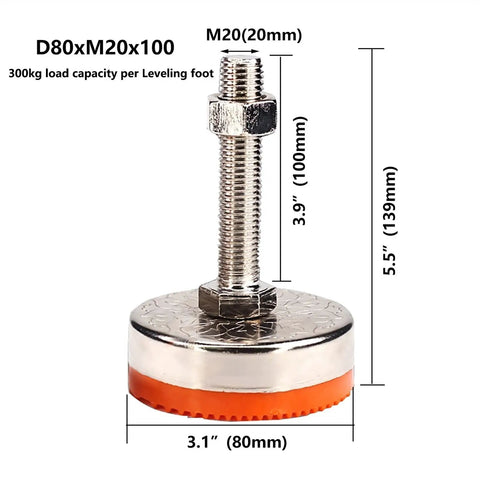 Rock Solid Heavy Duty Adjustable Leveling Feet 4 Pack Carbon Steel Screw Rods With Pvc Grip Pads Antislip Machine Table Stabilizers with dimensions.