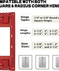 Upgraded Door Jamb Hinge Jig Fits Eight Size Range 2.5-6 In And Five Door Thickness 1.375-2.5 In, Delivers Precise Fast Hinge Install With Red Finish, Adjustable Sliding Guides For One Quarter Inch Round, Five Eighths Inch Round Or Square Hinges, DIY showing compatibility for square and radius corner hinges