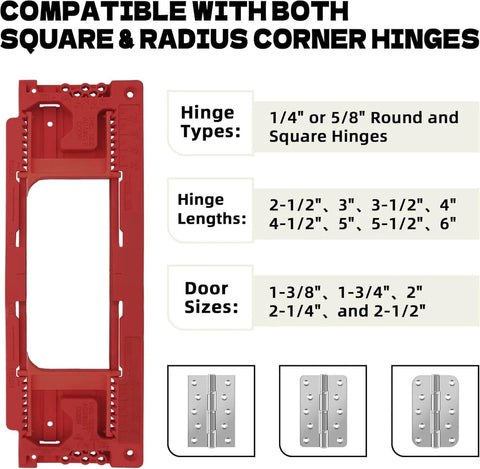 Upgraded Door Jamb Hinge Jig Fits Eight Size Range 2.5-6 In And Five Door Thickness 1.375-2.5 In, Delivers Precise Fast Hinge Install With Red Finish, Adjustable Sliding Guides For One Quarter Inch Round, Five Eighths Inch Round Or Square Hinges, DIY showing compatibility for square and radius corner hinges