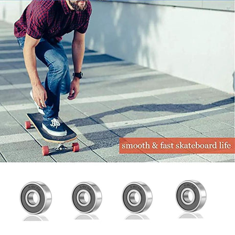 608-2RS skateboard bearings, four shown, steel with double rubber seals, 8x22x7mm; side view of a skateboarder.
