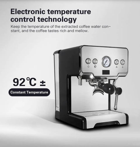 Top Shelf 15 Bar Semi Automatic Espresso Machine Featuring Built In Steam Wand And Quick Heat Option For Slick Cappuccino Shots And Hot Water On Demand Anytime with electronic temperature controls.