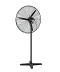 Heavy Duty Industrial Floor Fan With Oscillating Head And Three Speed Settings, 650mm, black metal fan with sturdy base.