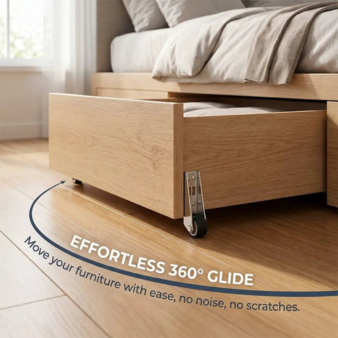 Zero Drama Heavy Duty Vertical Track Roller Wheels Slide Doors Smooth As Butter For Barn Cabinets Drawers And Heavy Gates Premium Alloy Steel Core With Ultra Quiet Soft Rubber Casters Fast Install 4 PCS Set - close-up of a wooden drawer with rollers.
