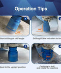 Front view of operation tips infographic for a vacuum brazed diamond hole saw; blue drill head shown with 45°/90°/360° steps