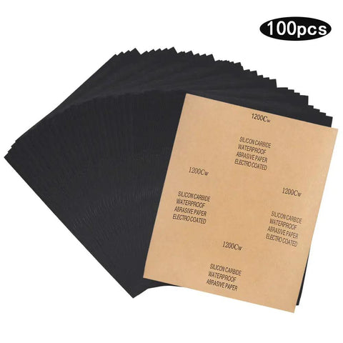Top Notch 100 Pack Waterproof Sandpaper Sheets With High Grade Aluminum Oxide And Silicon Carbide For Woodworking Auto Projects and Construction Tasks Featuring Durable Yellow Paper Finish Made To Handle Any Heavy Duty Smoothing Job You Might Have, showing mixed 1200 grit sheets.