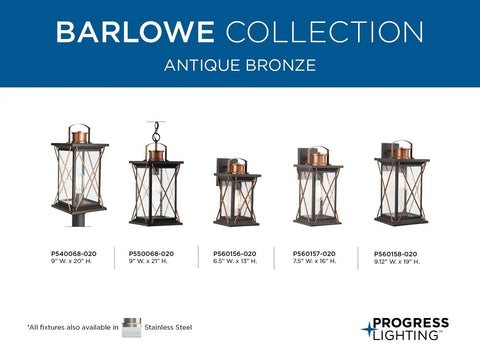 Barlowe Collection 1-Light Outdoor Post Lantern In Clear Seeded Glass With Antique Bronze Finish, all sizes displayed