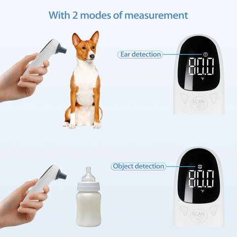Non Contact Ear Thermometer For Pets Fast Clinically Accurate Infrared Ear Temp Tool For Cats And Dogs With Easy Hair Removal For Quick Fur Baby Health Checks Warranty Included Must Have Pet Care Supply showing pet ear and object detection modes