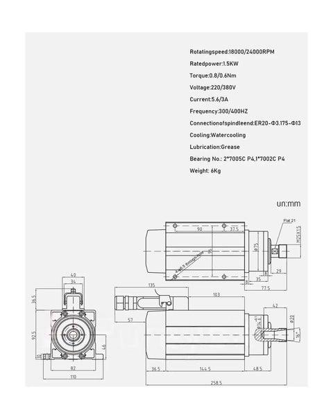 Beast Grade 1500W Air Cooled Spindle Motor And Vfd Inverter Kit With Er20 Collets For Easy Peasy Hookup and Hella Serious Cutting Power 380V Or 220V Ready technical drawing with dimensions.