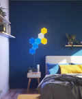 Hexagon Shapes Expansion Pack for Smarter Kit on bedroom wall with colorful modular RGB LED panels in dynamic layout