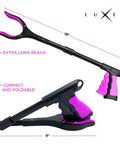 Luxet pink and black 19-inch foldable grabber tool with magnetic tip, full-length view