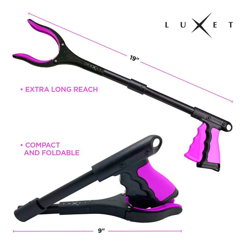 Luxet pink and black 19-inch foldable grabber tool with magnetic tip, full-length view