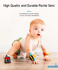 Kickass Infant Sensory Play Kit Featuring Ultra Bright Wrist Rattles And Comfy Foot Finder Socks Crafted For Teething Toddlers Ages 0 To 12 Months Is The Ultimate Milestone Gift with baby crawling wearing colorful rattles and socks.