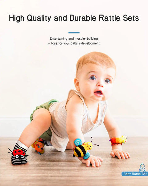 Kickass Infant Sensory Play Kit Featuring Ultra Bright Wrist Rattles And Comfy Foot Finder Socks Crafted For Teething Toddlers Ages 0 To 12 Months Is The Ultimate Milestone Gift with baby crawling wearing colorful rattles and socks.