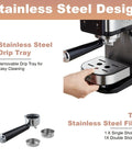 Kick Up Your Coffee Game With This Slick Dual Boiler Espresso Machine Featuring 20 Bar Pressure Touch Panel Built In Milk Frother Wand And Compact Frame Designed For Pulling Barista Quality Shots For Rich Cappuccinos And Lattes At Home - showing stainless steel drip tray and two stainless steel filters.