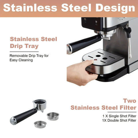 Kick Up Your Coffee Game With This Slick Dual Boiler Espresso Machine Featuring 20 Bar Pressure Touch Panel Built In Milk Frother Wand And Compact Frame Designed For Pulling Barista Quality Shots For Rich Cappuccinos And Lattes At Home - showing stainless steel drip tray and two stainless steel filters.