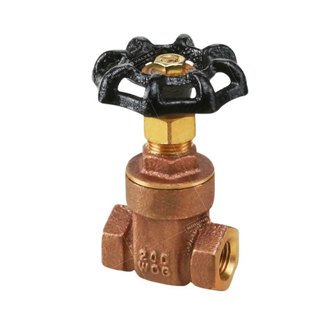 Lead Free 2-1/2 Inch FIP Gate Valve With Cast Brass Body, shown with cast iron wheel handle and threaded ends
