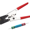 ACT-232 Butt Splice Crimper Workhorse Tool with red handles and G411 go-no-go gauge for crimping M81824 Series heat shrink connectors.