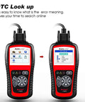 AL519 OBD2 Scanner Pro Car Diagnostic Tool displaying DTC lookup screen, featured with clear codes and check engine light functions.