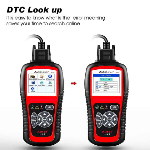 AL519 OBD2 Scanner Pro Car Diagnostic Tool displaying DTC lookup screen, featured with clear codes and check engine light functions.
