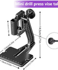 Arrowmax Mini Electric Drill Press With Benchtop Stand 5 Speeds And Led Light For Jewelry Making Drilling Wood Plastic Acrylic Includes Small Bits In Tough Aluminum Case showing the precision vise table dimensions.