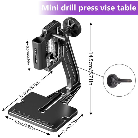 Arrowmax Mini Electric Drill Press With Benchtop Stand 5 Speeds And Led Light For Jewelry Making Drilling Wood Plastic Acrylic Includes Small Bits In Tough Aluminum Case showing the precision vise table dimensions.