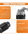 Front view of LHDOS 8 oz pump oiler can with handle and 6-inch metal straight spout for automotive oil application