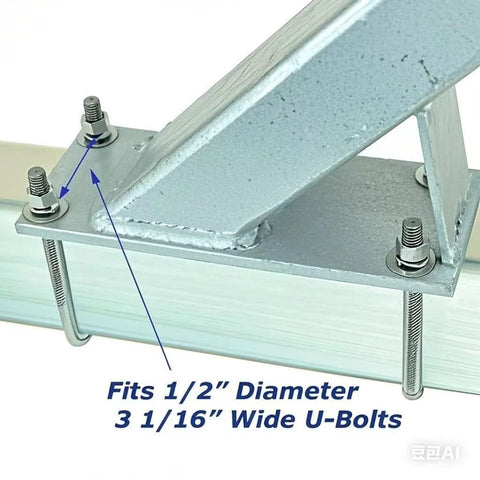Close-up of hot-dip galvanized bow rest catcher assembly for boat trailer with 1/2 in diameter U-bolts