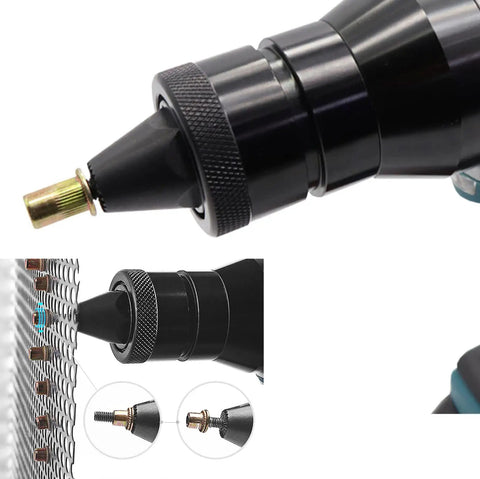Game Changer Cordless Electric Rivet Gun With Dual 4000 Mah Batteries close-up of nosepiece for blind riveting on various surfaces.