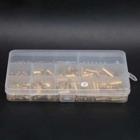 Hex Standoff Spacer Kit With 300 Pieces In Brass And Plated Iron, Multipurpose Mounting Pillars For Motherboard And Electronics DIY Projects, Workhorse Durability And Easy Install Fastener System in plastic organizer case