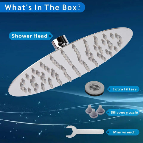 High Pressure Rain Shower Head With All Metal Stainless Steel Build 8 Inch Chrome Rainfall Showerhead kit with accessories displayed
