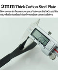Digital caliper measuring 2mm thickness of Low Profile Bicycle Spanner Set for 13mm to 19mm Cone Wrenches in durable carbon steel.