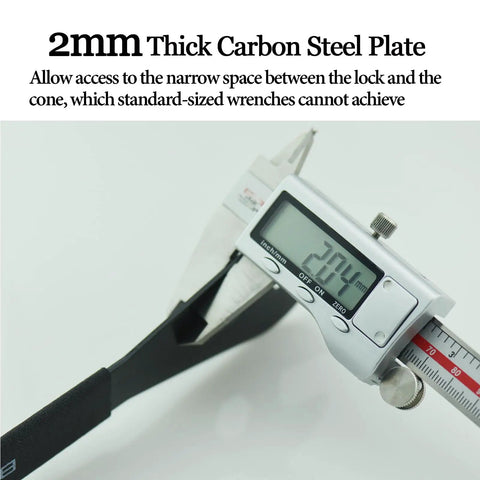 Digital caliper measuring 2mm thickness of Low Profile Bicycle Spanner Set for 13mm to 19mm Cone Wrenches in durable carbon steel.