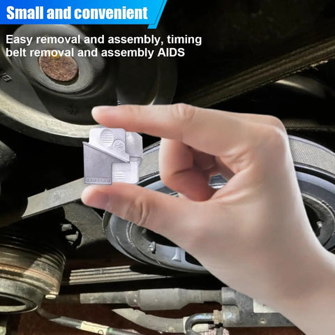 Hand holding 2 Piece Metal Stretch Belt Mate Kit Auxiliary Pulley Belt Installer Tool in front of engine pulleys