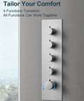 Control panel of GRANDJOY 16" Dual Shower System with Handheld Spray, Brushed Nickel, showcasing four function knobs.