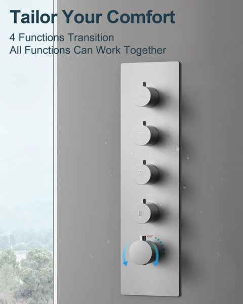 Control panel of GRANDJOY 16" Dual Shower System with Handheld Spray, Brushed Nickel, showcasing four function knobs.