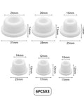 24 Pack Silicone Bathtub Jet Hole Plugs Covers In 6 Sizes White Keeps Debris And Hair Out Of Your Jetted Tub Fits Most Tubs And Spas Easy Clean And Prevents Clogs image showing all six plug sizes with measurements
