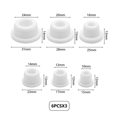 24 Pack Silicone Bathtub Jet Hole Plugs Covers In 6 Sizes White Keeps Debris And Hair Out Of Your Jetted Tub Fits Most Tubs And Spas Easy Clean And Prevents Clogs image showing all six plug sizes with measurements