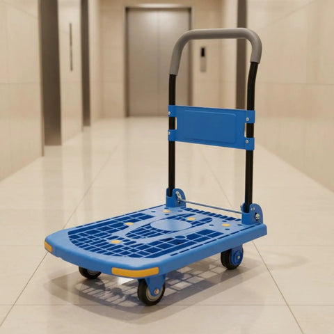 Folding Cargo Cart Hand Truck With Silent Swivel Wheels And Foldable Handle, Heavy Duty Steel Frame, Thick PP Platform, Smooth Steering For Quick Quiet Hauls At Home Or Warehouse, Blue 75x50cm 5 Inch TPR Wheels, front view