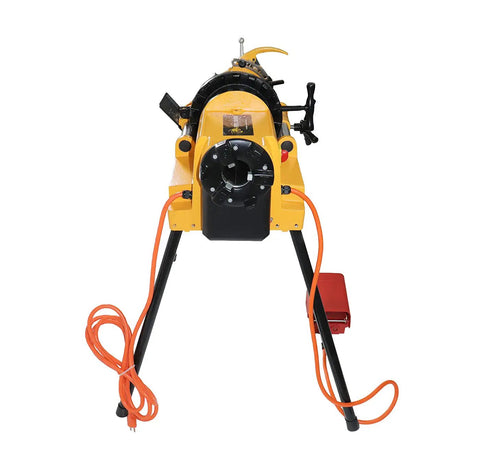 Steel Dragon Tools 300 Compact Pipe Threader Machine With Self Opening Die Head And Two Dies on a stand with electric cord.