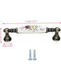 Front view of Six Pack Floral Ceramic Cabinet Pulls with screws, 3.78 inch center to center hole distance, antique flower dresser handle.