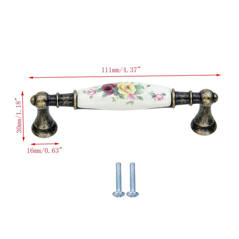 Front view of Six Pack Floral Ceramic Cabinet Pulls with screws, 3.78 inch center to center hole distance, antique flower dresser handle.