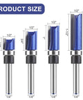 Heavy Duty Pattern Flush Trim Router Bit Set Featuring 1/4 Inch Shank And Bottom Bearing Kit For Laminate Veneer Edging, size dimensions labeled.