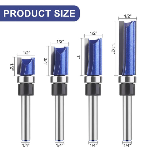 Heavy Duty Pattern Flush Trim Router Bit Set Featuring 1/4 Inch Shank And Bottom Bearing Kit For Laminate Veneer Edging, size dimensions labeled.