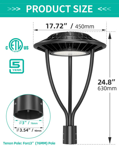 LED Post Top Light 60W 48W 36W Adjustable Outdoor Pole Light With Photocell IP65 Waterproof Fixture dimensions and design.