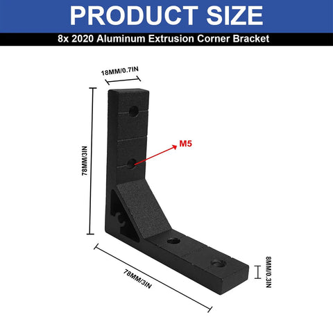 8 Piece 2020 Corner Bracket Kit With 32 M5 T Slot Nuts Plus 32 M5x12mm Hex Socket Cap Screws And 1 M3 Wrench For Aluminum Extrusion 2020 Series Projects And DIY Builders, 78x78x18mm black angle bracket