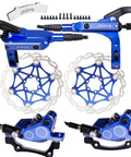 Blue JFOYH 4-piston MTB hydraulic brake set with 160mm floating rotors, front and rear, pre-bled.