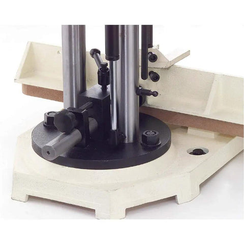 Close-up view of Badass Built Rock Solid Three Quarter Horsepower Heavy Duty Benchtop Mortising Machine with dual support columns.