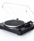 Dual CS429 Fully Automatic Belt Drive Turntable In Sleek Black With Ortofon 2M Red Cartridge view with lid open and vinyl platter exposed.
